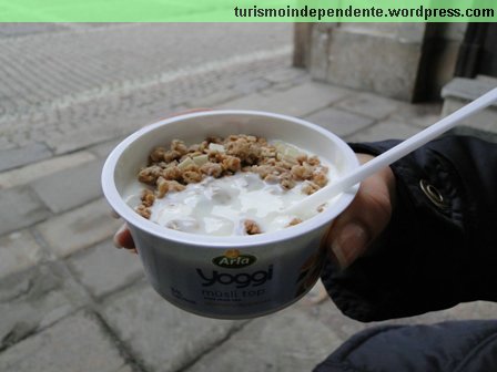 Dona patroa saboreando um iogurte com cereais