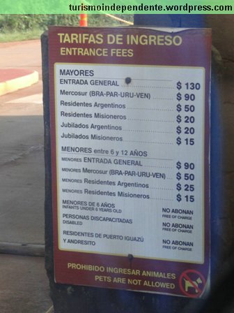 Tabela de preços do Parque Nacional Iguazu