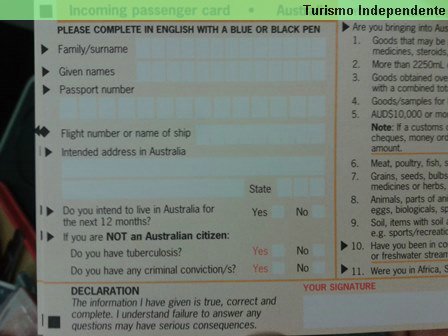 Formulário de entrada na Austrália - frente - parte 01