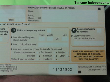 Formulário de entrada na Austrália - verso - parte 02.