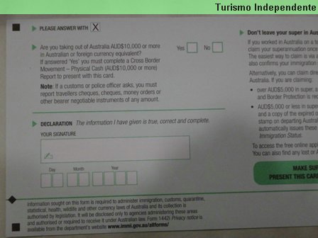 Formulário de saída da Austrália - verso