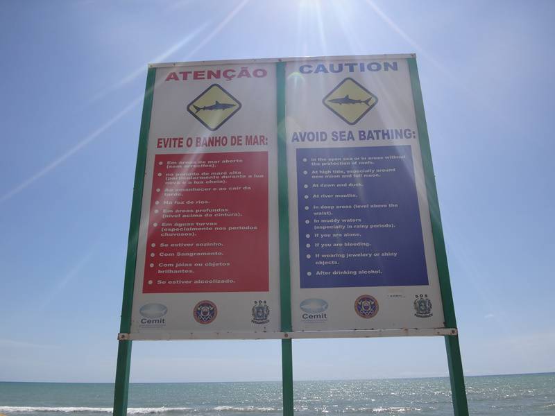 Em toda a extensão da praia existem placas sobre os riscos de ataques de tubarões.