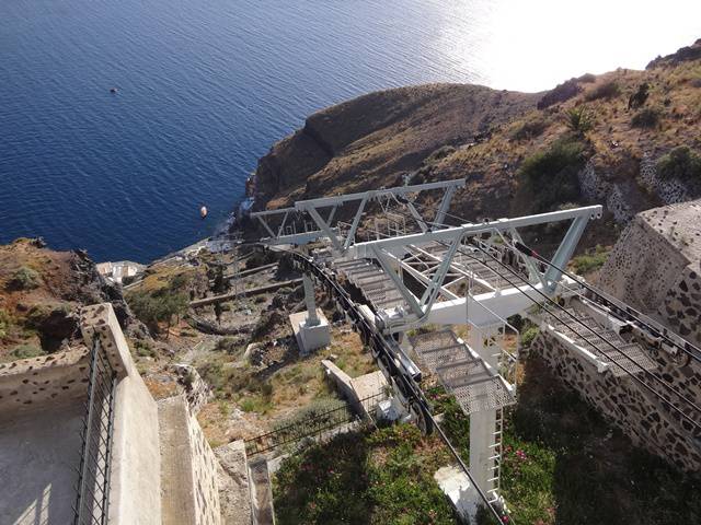 Teleférico de Santorini, com o Porto Velho lá em baixo.