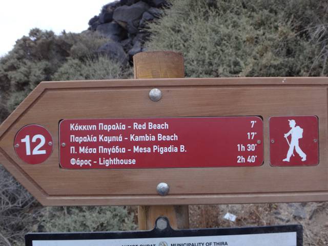 Placa indicando a duração das trilhas em Akrotiri.