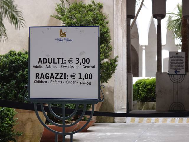 Preço da entrada para visitar a Catedral de Amalfi.