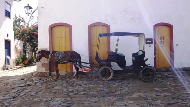 Esses cavalinhos devem sofrer nesse calçamento irregular. Evite esses passeios.