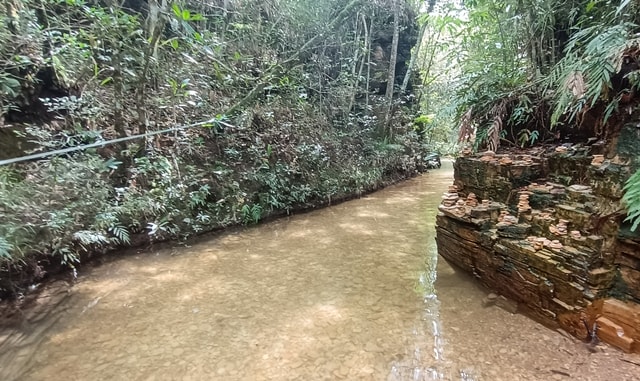 Poço Dourado, trilha molhada até a cachoeira