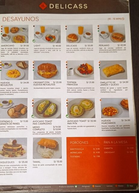 Cardápio Delicass, aeroporto de Lima