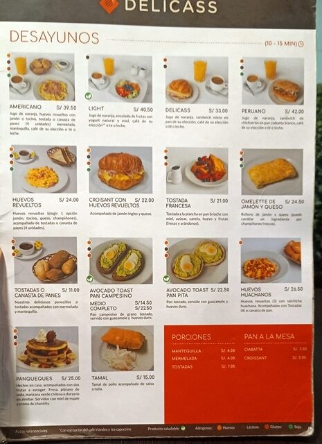 Cardápio Delicass, aeroporto de Lima